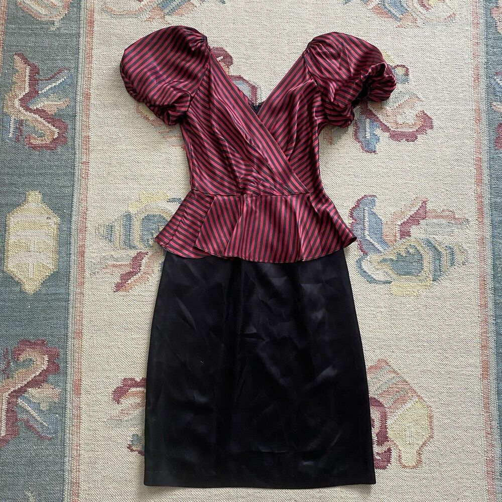 Vintage 80s Betsy’s Things Dress Satin Stripe Peplum Clowncore Puff Romantic